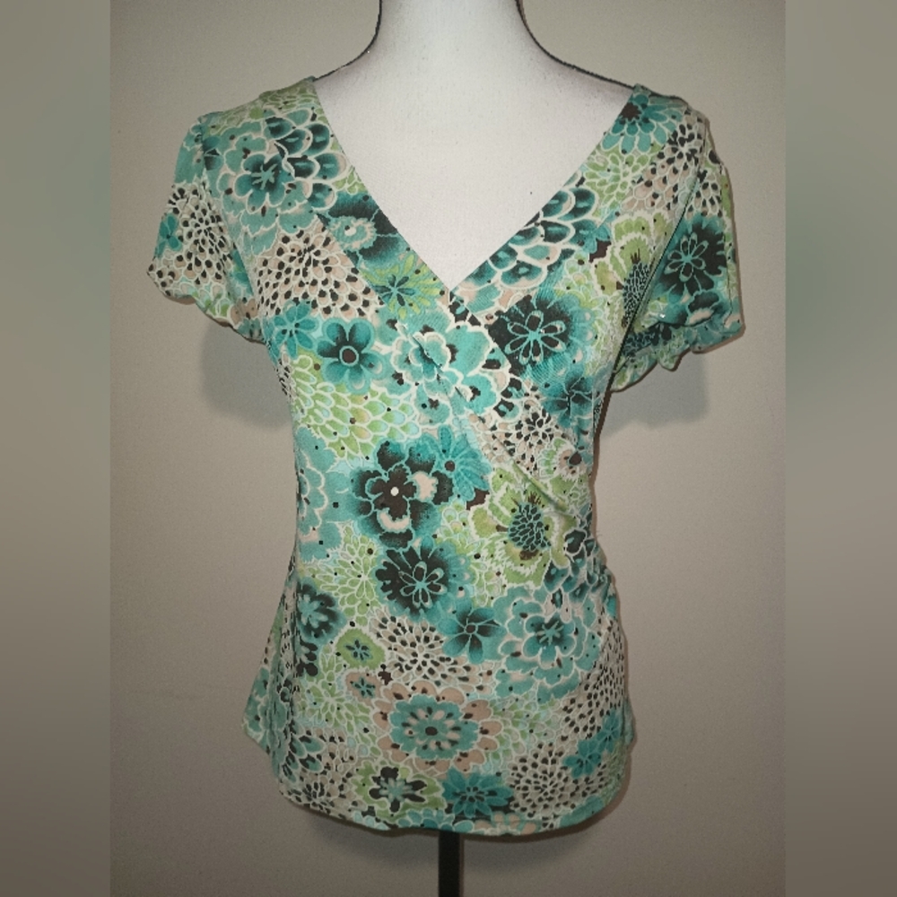 INC International Concepts Floral V-Neck Blouse - Green and Blue